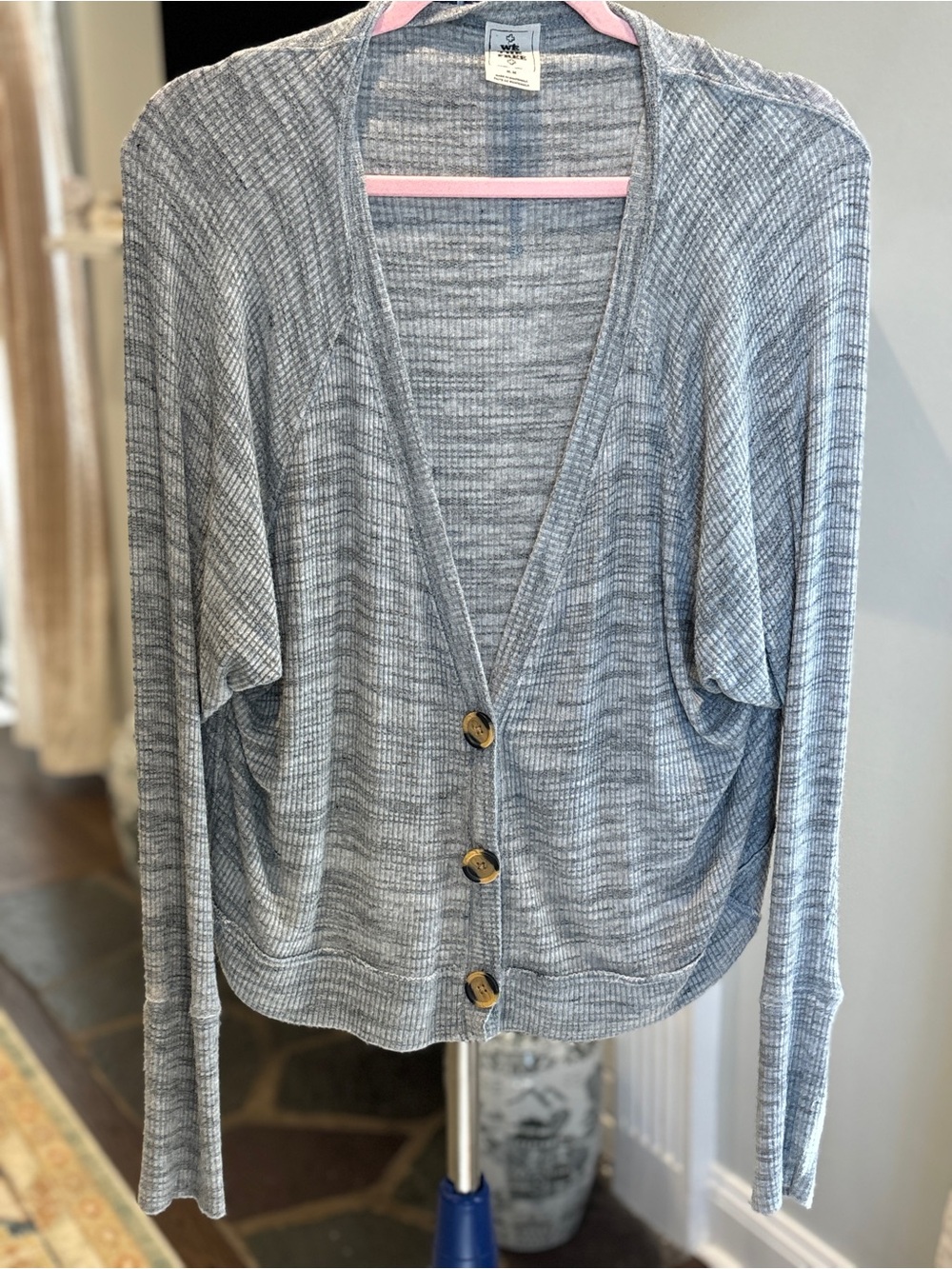 Free People Ribbed Knit Cropped Button Front Cardigan Gray - Medium